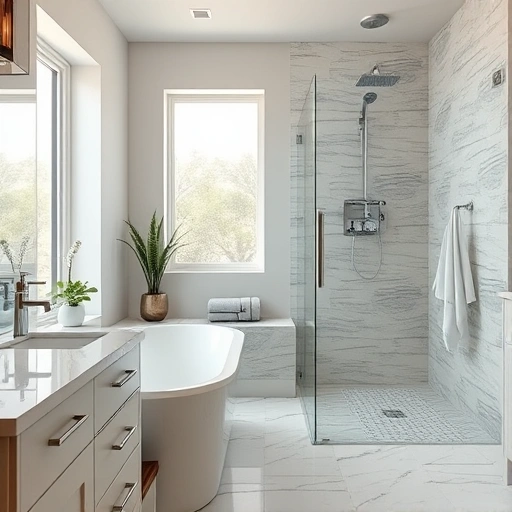 Modern bathroom remodel in Mesa AZ featuring a freestanding tub, marble countertops, and luxurious fixtures.