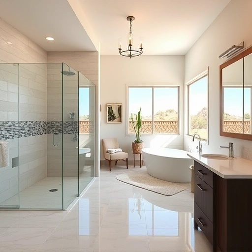 Modern remodeled bathroom in Phoenix with light tiles, walk-in shower, freestanding tub, dual sinks, and desert plants.