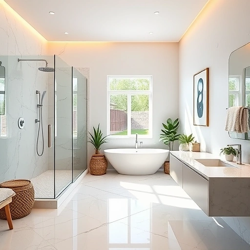 Bathroom remodel in Avondale AZ featuring modern design, marble tiles, glass shower, freestanding tub, and elegant decor.