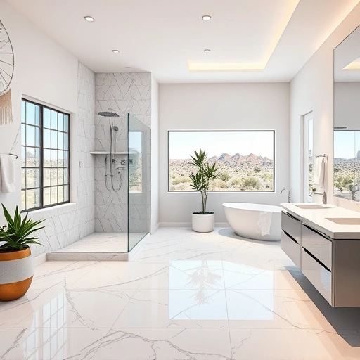 Luxurious bathroom remodel in Encanto AZ featuring marble floors, walk-in shower, freestanding tub, and modern double vanity.