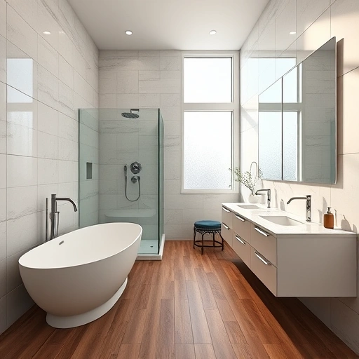 Completed bathroom remodel in Youngtown AZ with modern design, freestanding tub, walk-in shower, and elegant finishes.