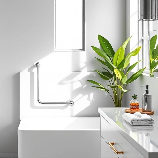 Stylish bathroom with a modern grab bar installation, soft gray walls, and natural light enhancing the elegant design.