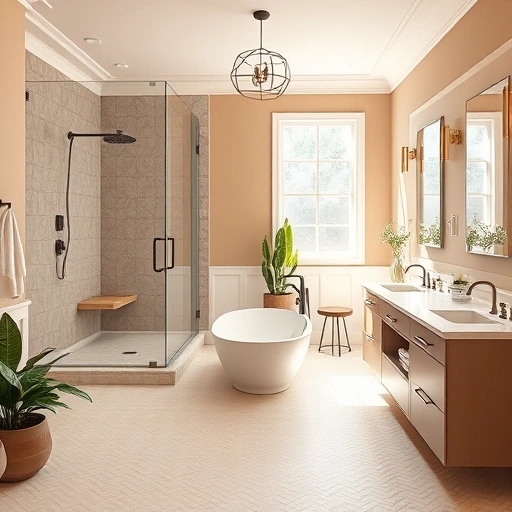 Spacious modern bathroom remodel in Phoenix featuring earthy tones, freestanding tub, walk-in shower, and stylish fixtures.