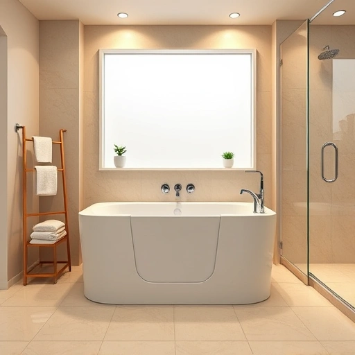 Modern bathroom with a sleek white walk-in tub, chrome fixtures, and elegant decor in Estrella Village AZ.