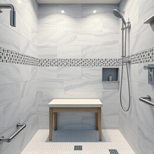 Built-in shower seat installation in a luxurious tiled shower, featuring gray and white tiles and elegant fixtures.