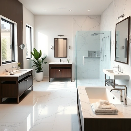 Modern bathroom remodel in Surprise AZ with white marble tiles, dark wood cabinetry, and luxurious soaking tub.