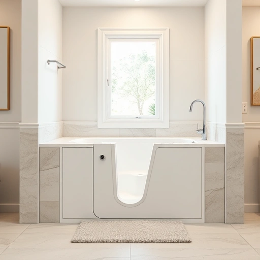 Walk-in tub installation in a spacious, modern bathroom with white acrylic tub, chrome fixtures, and warm lighting.