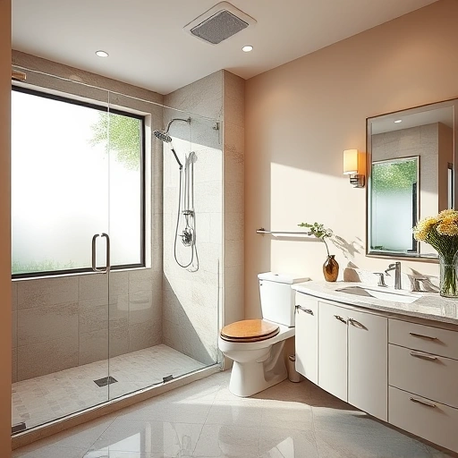Elegant senior bathroom remodel in Phoenix featuring walk-in shower, grab bar, low vanity, and warm tones.