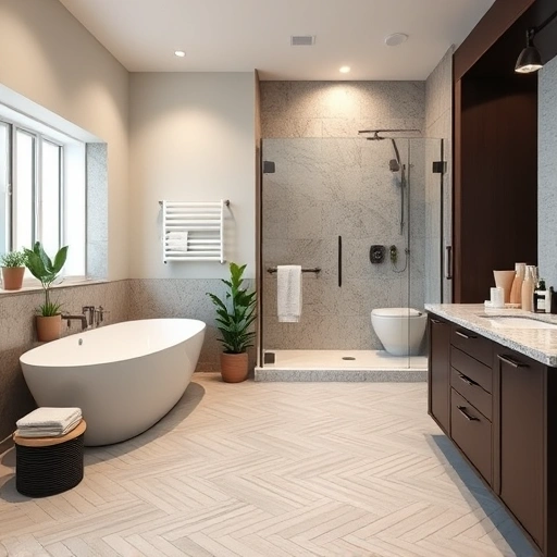 Waterproof bathroom remodel in Phoenix with modern fixtures, granite countertops, soaking tub, and elegant herringbone tiles.