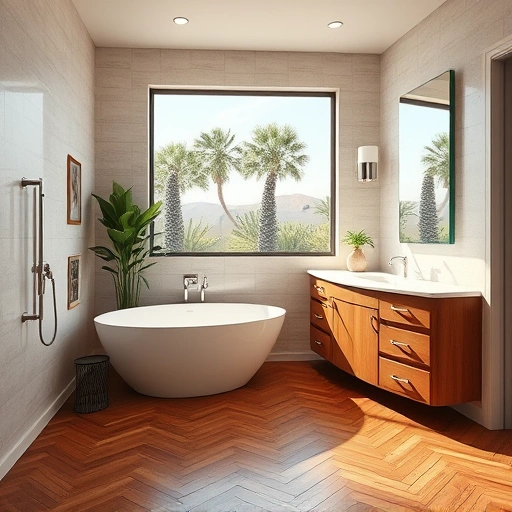 Completed bathroom remodel in Tramonto AZ featuring a freestanding tub, textured tile walls, and a double vanity with quartz.