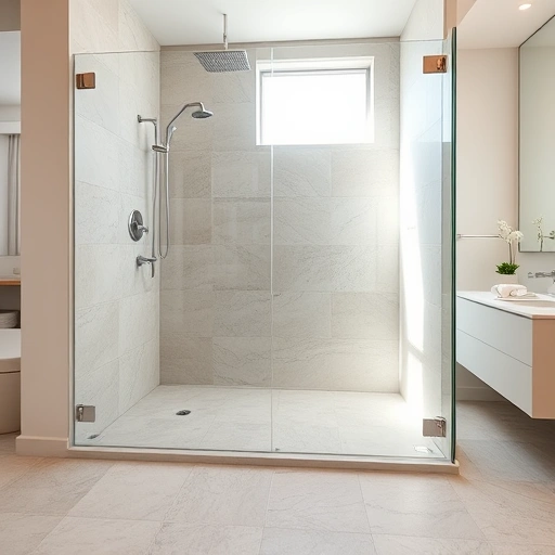 Curbless shower installation in Phoenix featuring polished stone tiles, chrome fixtures, and modern bathroom design.