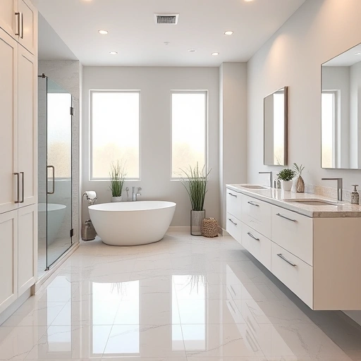 Modern bathroom remodel in Maryvale AZ with white cabinetry, walk-in shower, freestanding tub, and elegant decor.