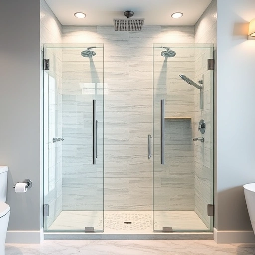 Walk-in shower remodel in Phoenix AZ with sleek fixtures, elegant glass panels, and intricate gray and white tile work.