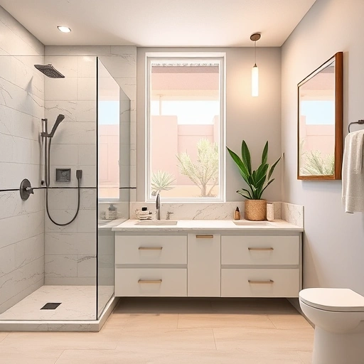 Modern bathroom remodel in Ahwatukee Foothills featuring sleek design, walk-in shower, double vanity, and elegant finishes.
