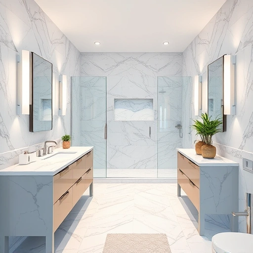 Completed bathroom remodel in Surprise AZ with marble countertops, walk-in shower, and elegant lighting accents.
