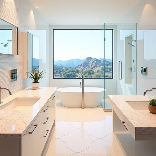 Bathroom remodel in Paradise Valley AZ with elegant fixtures, freestanding tub, glass shower, and serene mountain view.