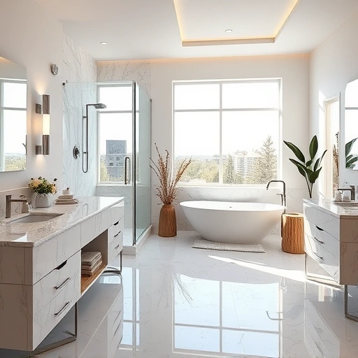Completed bathroom remodel in Tramonto AZ features marble countertops, glass shower, freestanding tub, and stylish decor.