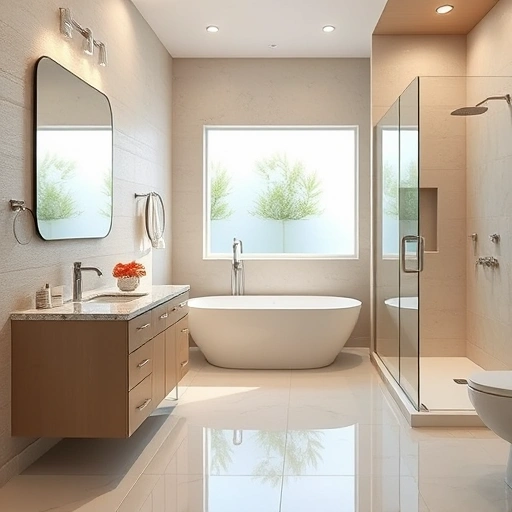 Elegant bathroom remodel in Sun City West AZ features beige tiles, modern soaking tub, and spacious walk-in shower.