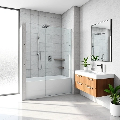 Modern bathroom with elegant shower conversion featuring gray and white tiles, glass door, and stylish vanity in Phoenix.