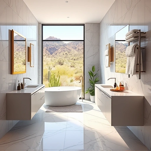 Modern bathroom remodel in Cave Creek AZ with marble tiles, freestanding tub, double vanity, and desert view.