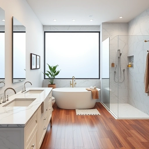 Modern bathroom remodel in Youngtown AZ featuring marble countertops, double vanity, frameless shower, and freestanding tub.