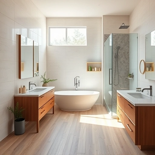 Spacious Phoenix bathroom with modern rustic design, freestanding tub, walk-in shower, and stylish vanity.