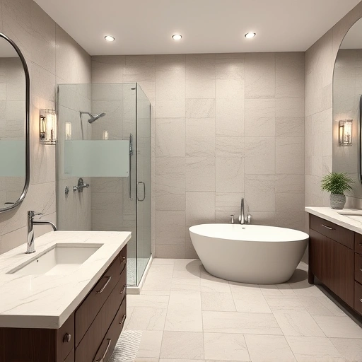 Modern bathroom remodel in Estrella Village AZ with sleek fixtures, freestanding tub, quartz countertops, and stylish decor.