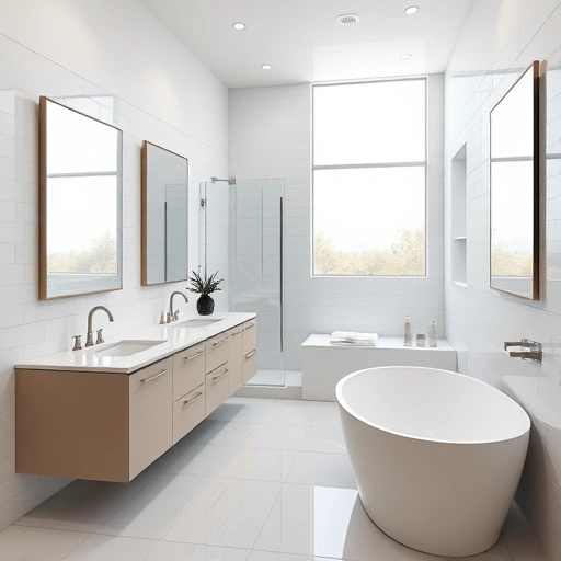 Modern bathroom remodel in Tolleson AZ with walk-in shower, freestanding tub, double vanity, and elegant decor.