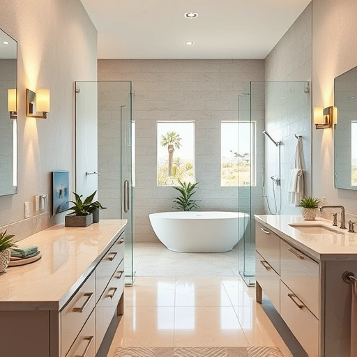 A beautifully remodeled bathroom in Sun City West AZ featuring modern fixtures, a walk-in shower, and elegant decor.