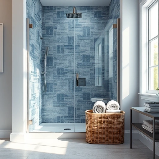 Walk-In Shower Replacement in Phoenix featuring sleek design, intricate blue-gray tiles, and elegant fixtures.