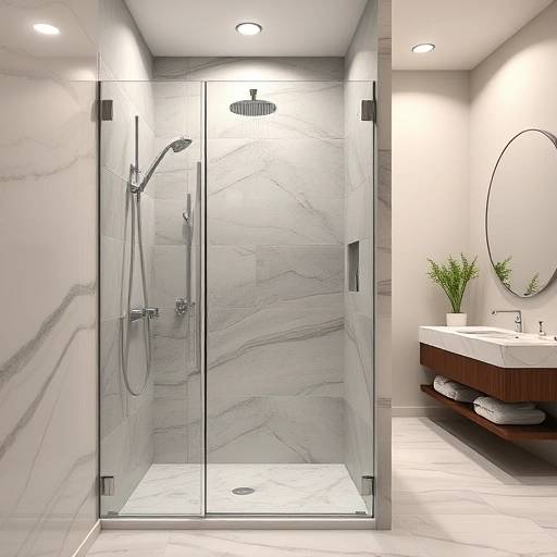 Modern walk-in shower remodel in Phoenix with gray and white tiles, frameless glass door, and elegant fixtures.
