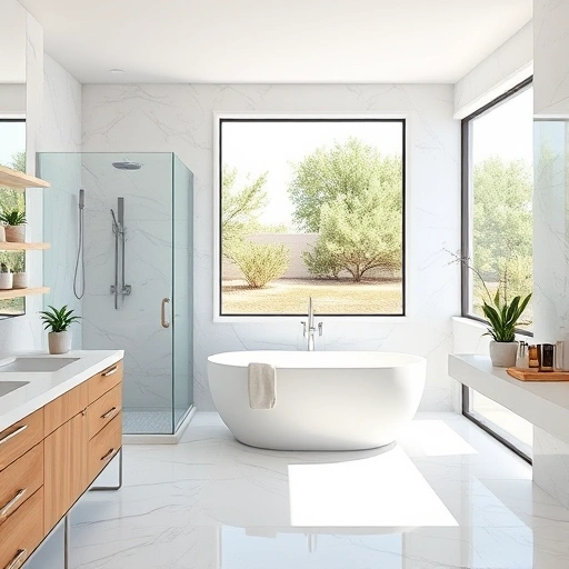 Luxurious bathroom remodel in Arrowhead Ranch AZ with marble countertops, walk-in shower, and freestanding tub.