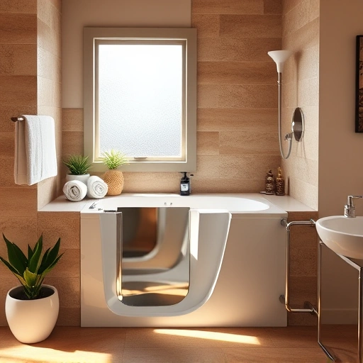 Walk-In Tub Installation in a modern Desert View Village bathroom with chrome finish and warm decor elements.