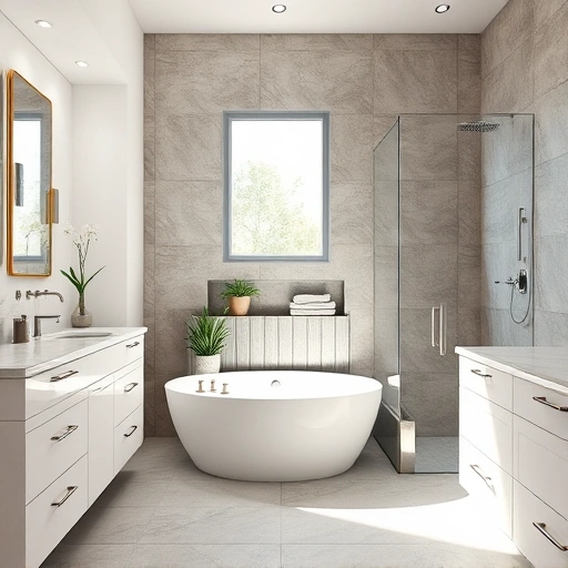 Waterproof bathroom remodel in Phoenix featuring sleek white cabinetry, gray marble countertops, and a freestanding soaking tub.