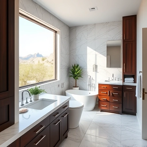 Luxurious bathroom remodel in Paradise Valley AZ with freestanding tub, marble countertops, and elegant fixtures.