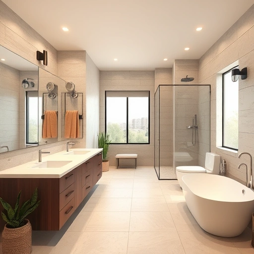Modern Phoenix bathroom remodel features earth tones, large tiles, walk-in shower, double vanity, and natural light.