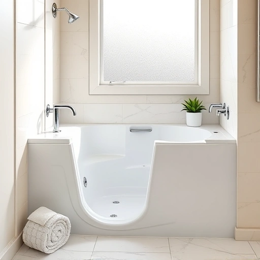 Walk-in tub with air jets in modern bathroom featuring beige walls, chrome fixtures, and elegant decor elements.