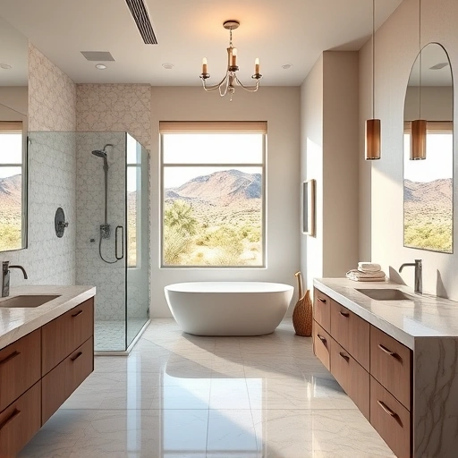 Completed bathroom remodel in Paradise Valley AZ featuring elegant fixtures, walk-in shower, freestanding tub, and marble countertops.