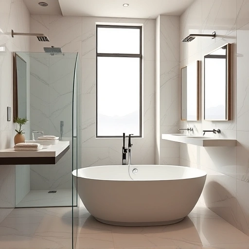 Completed bathroom remodel in Avondale AZ featuring modern fixtures, freestanding tub, and elegant marble tiles.