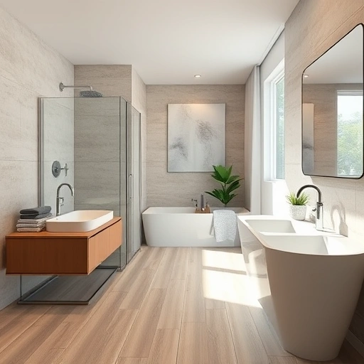 Modern bathroom remodel in New River AZ featuring a walk-in shower, freestanding tub, double sinks, and elegant decor.