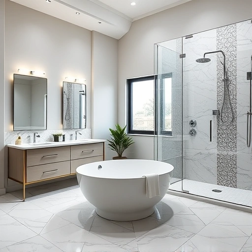 Luxurious bathroom remodel in Anthem AZ featuring a freestanding tub, marble tiles, and modern fixtures.