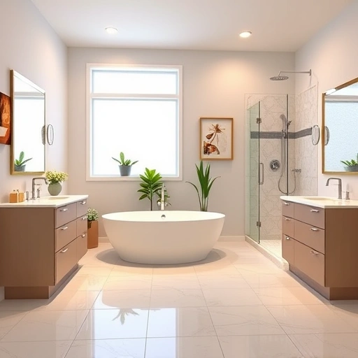 Elegant bathroom remodel in Arrowhead Ranch AZ features a freestanding tub, double vanities, and modern fixtures.