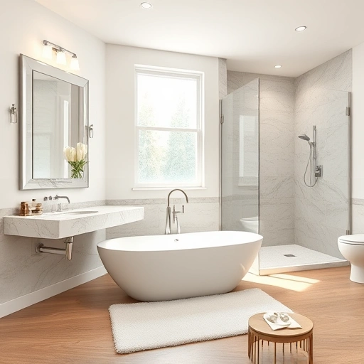 Bathroom remodel in Tempe AZ featuring elegant fixtures, freestanding tub, marble countertops, and modern design.