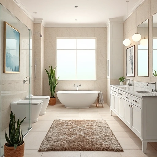 Spacious Phoenix bathroom with beige tiles, white cabinetry, modern fixtures, and natural light highlighting decor.