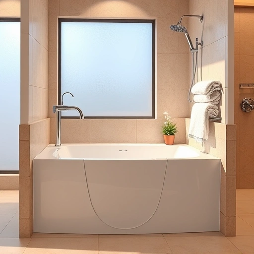 Walk-in tub installation in Desert Ridge AZ featuring modern design, elegant tiles, chrome faucet, and natural light.