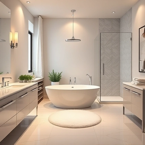 Modern bathroom remodel in Litchfield Park AZ featuring marble counters, glass shower, freestanding tub, and elegant decor.