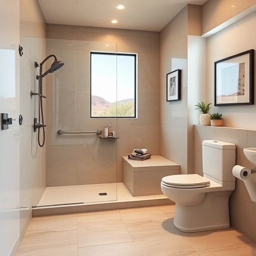 Modern bathroom accessibility upgrade in Phoenix featuring walk-in shower, raised toilet, and stylish decor.