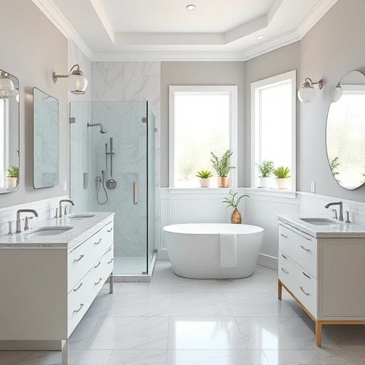 Completed bathroom remodel in Alhambra AZ featuring walk-in shower, freestanding tub, double vanity, and stylish fixtures.