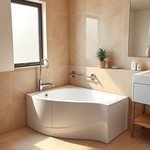 Walk-in tub installation in Phoenix with a white tub, chrome fixtures, beige tiles, and minimalist decor.