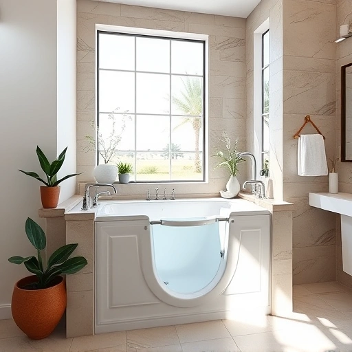 Custom walk-in tub installation in a spacious, modern bathroom with elegant design and calming decor in Phoenix AZ.